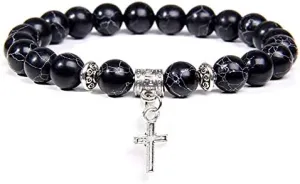 Men Beads Bracelet Slivers Color Cross Pendant Bracelet Natural Stone Bracelets Charm for Women Healing Prayer Jewelry (Metal Color: Tourmaline Stone - Length: 21CM)