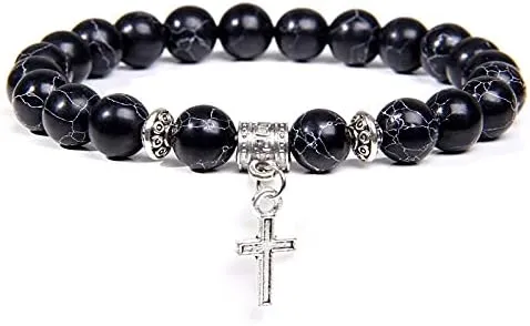 Men Beads Bracelet Slivers Color Cross Pendant Bracelet Natural Stone Bracelets Charm for Women Healing Prayer Jewelry (Metal Color: Tourmaline Stone - Length: 21CM)