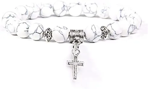 Men Beads Bracelet Slivers Color Cross Pendant Bracelet Natural Stone Bracelets Charm for Women Healing Prayer Jewelry (Metal Color: White Quartz - Length: 19CM)