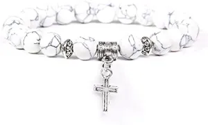 Men Beads Bracelet Slivers Color Cross Pendant Bracelet Natural Stone Bracelets Charm for Women Healing Prayer Jewelry (Metal Color: White Quartz - Length: 19CM)