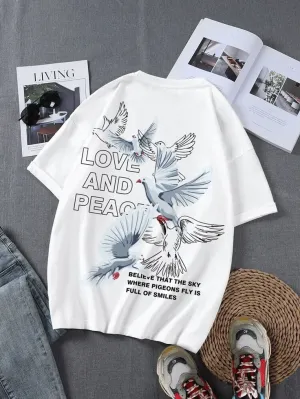 Men Slogan & Pigeon Print Drop Shoulder Print Tee