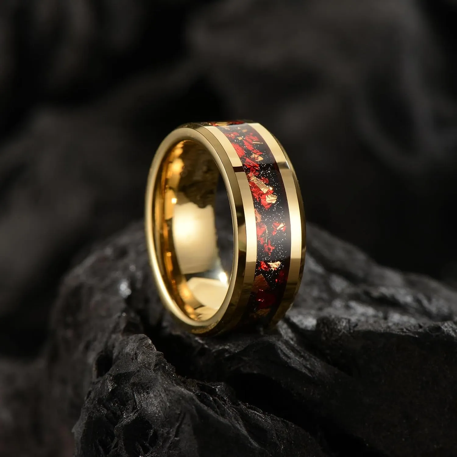 Men's 8mm Black/Gold Tungsten Carbide Wedding Ring Nebula Galaxy Wedding Promise Gold Foil Inlay Real Meteorite Matte Bevel Comfort Fit
