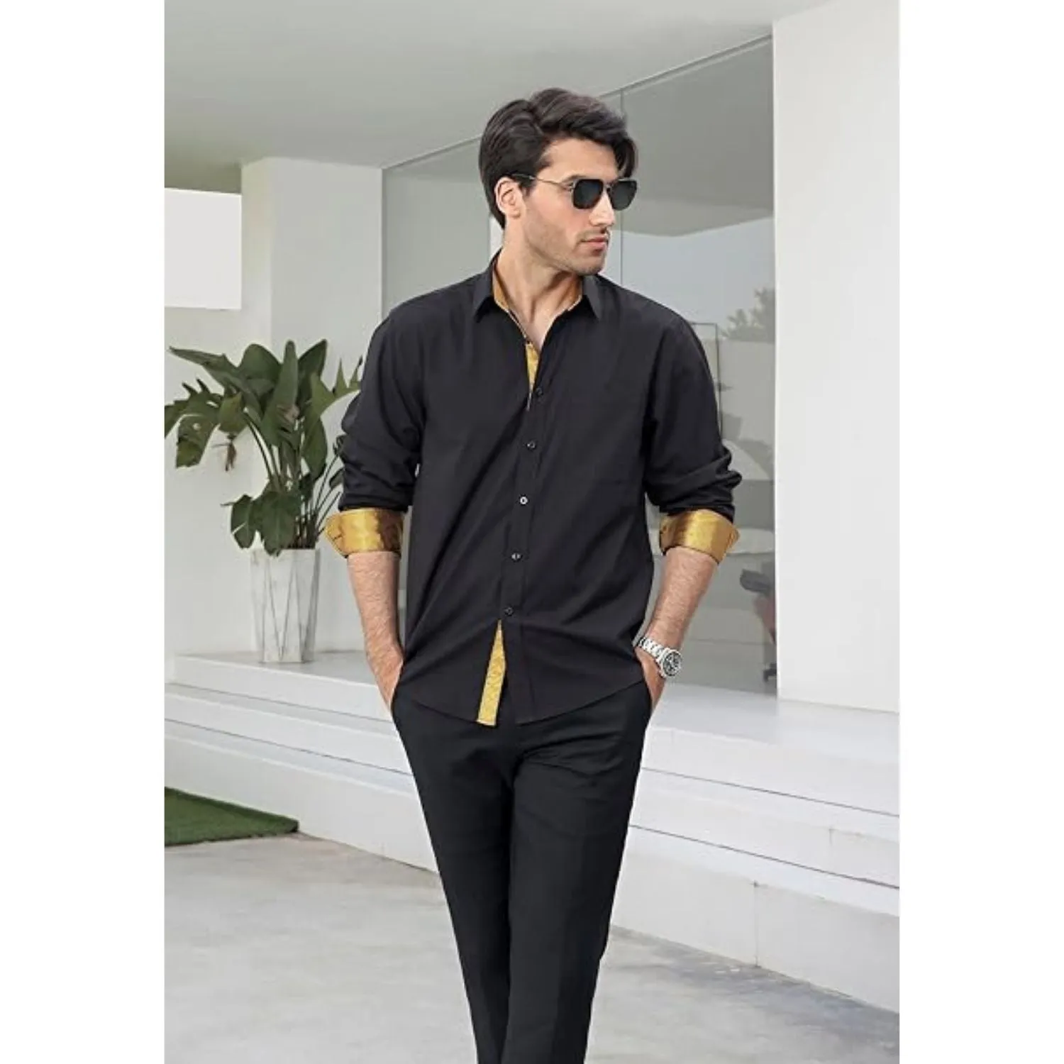 Men's Button Down Contrast Color Dress Shirt - BLACK & GOLD