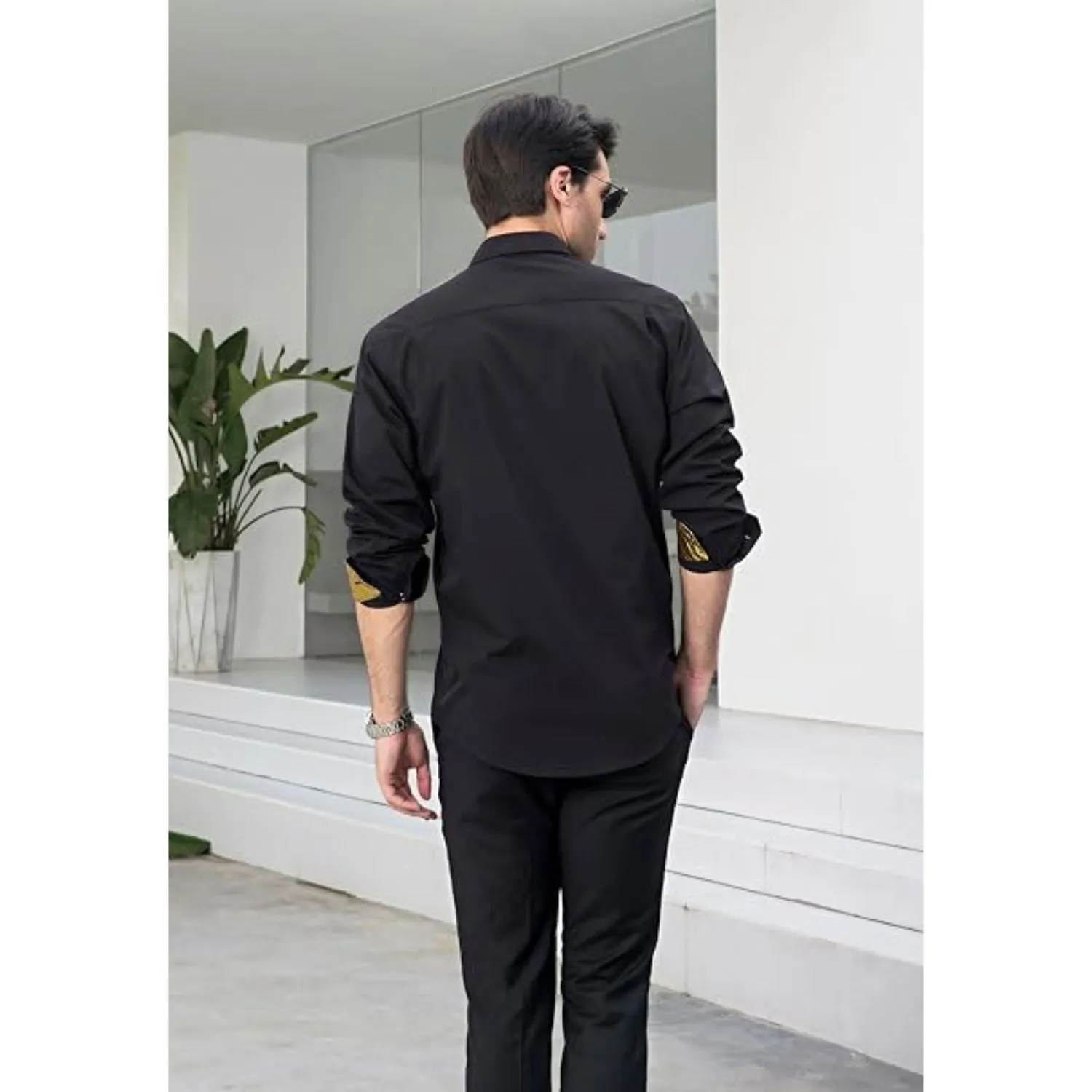 Men's Button Down Contrast Color Dress Shirt - BLACK & GOLD
