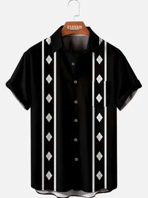 Men's Classic Spread Collar Short Sleeve Shirt - Retro Striped Diamond Pattern
