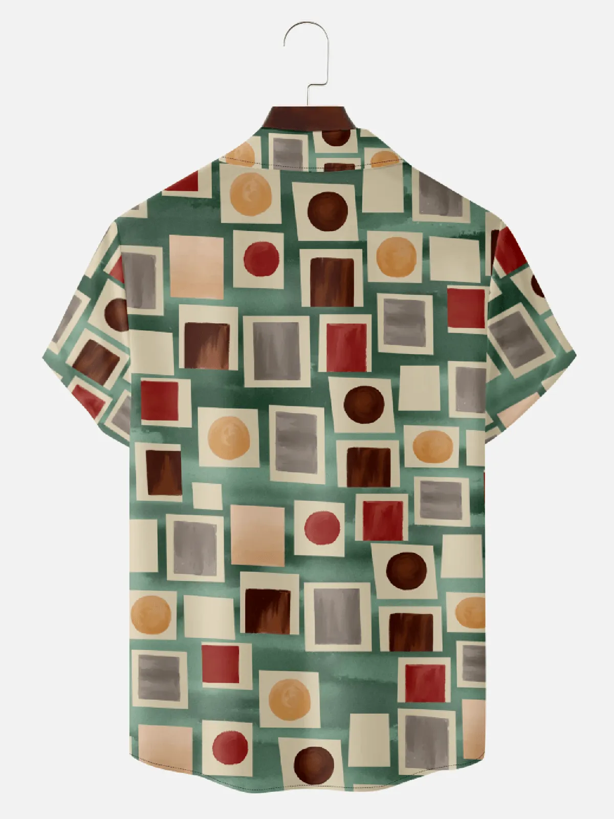 Men’s Mid-Modern Art Camp Collar Short Sleeve Shirt - Retro Geometric Circle & Rectangle