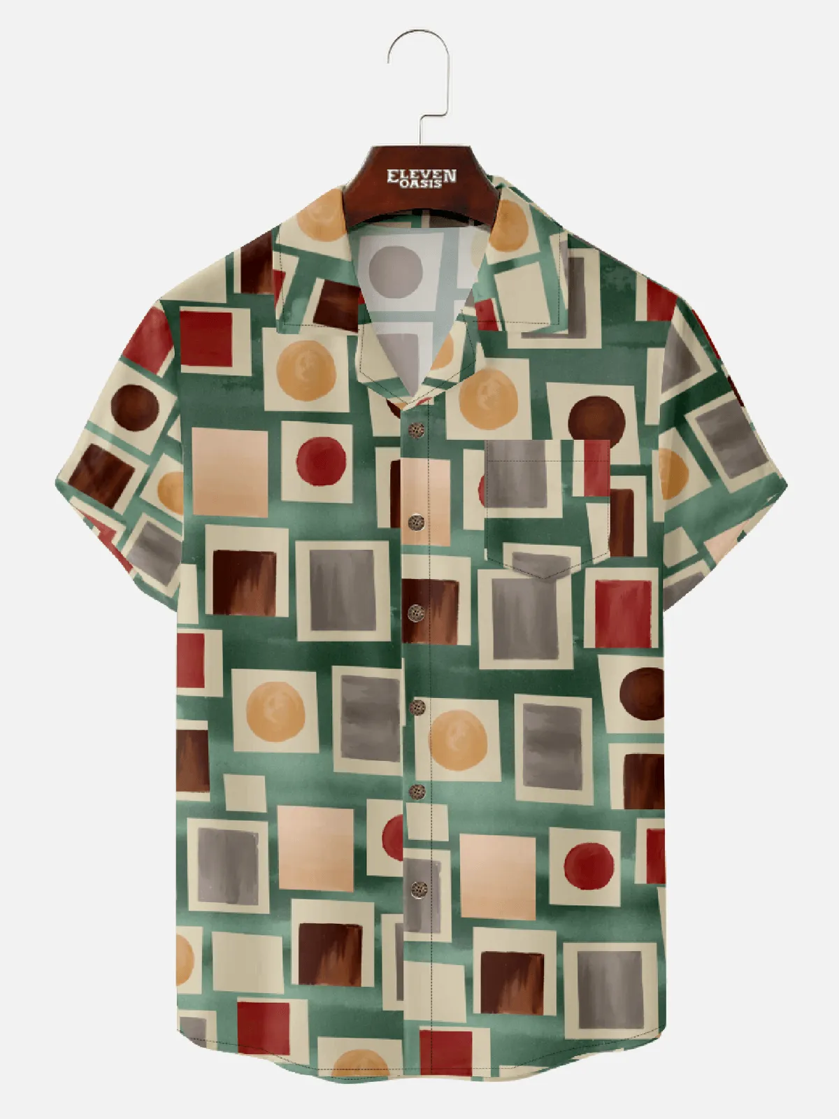 Men’s Mid-Modern Art Camp Collar Short Sleeve Shirt - Retro Geometric Circle & Rectangle