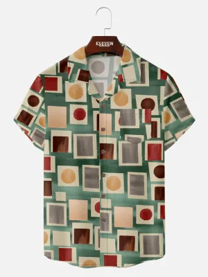Men’s Mid-Modern Art Camp Collar Short Sleeve Shirt - Retro Geometric Circle & Rectangle