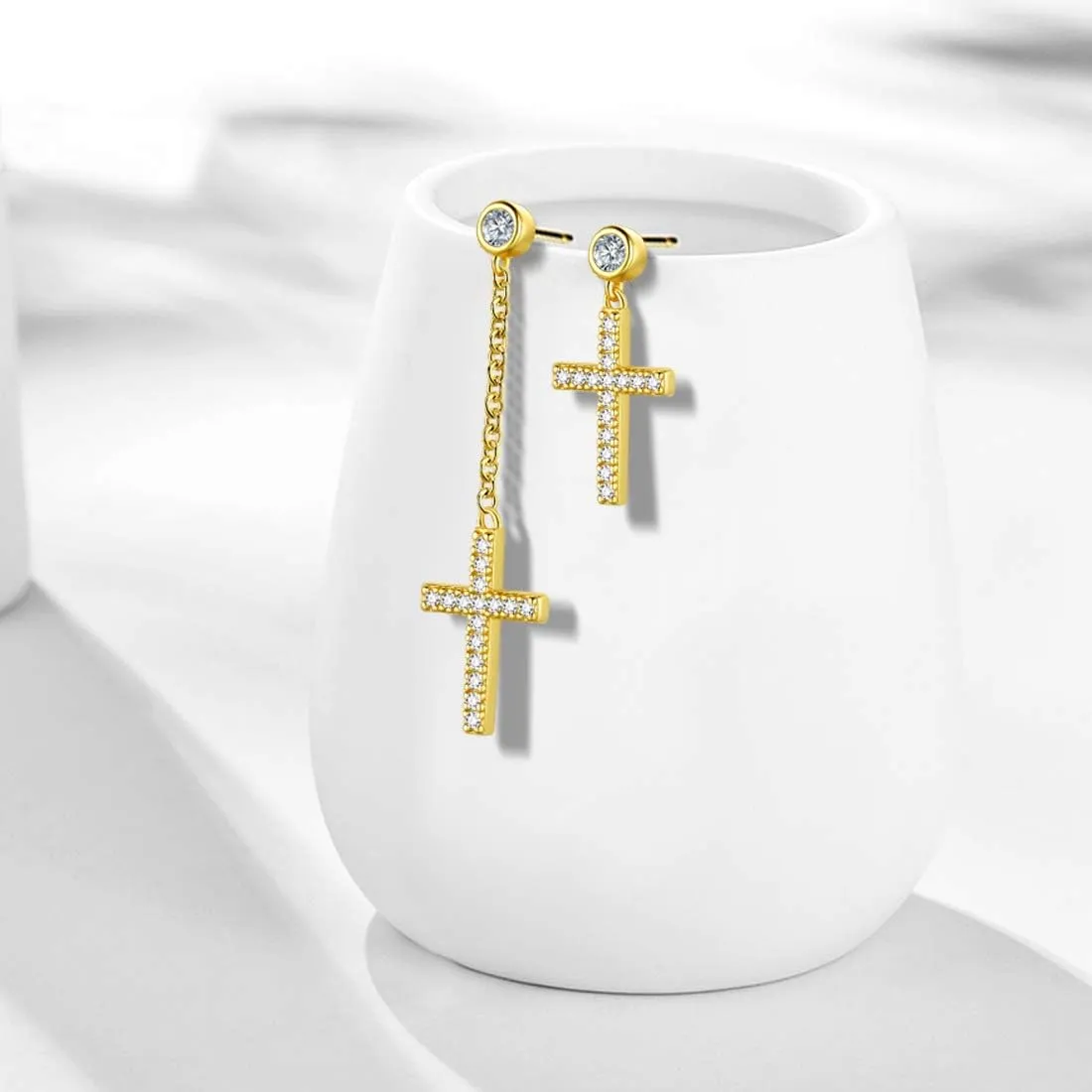 Mens Small Cross Earrings,925 Sterling Silver Earrings Dangle for Men Women,Crystal Drop Cross Hoop Earrings Fashion Earrings Jewelry