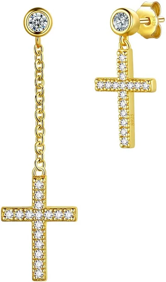 Mens Small Cross Earrings,925 Sterling Silver Earrings Dangle for Men Women,Crystal Drop Cross Hoop Earrings Fashion Earrings Jewelry