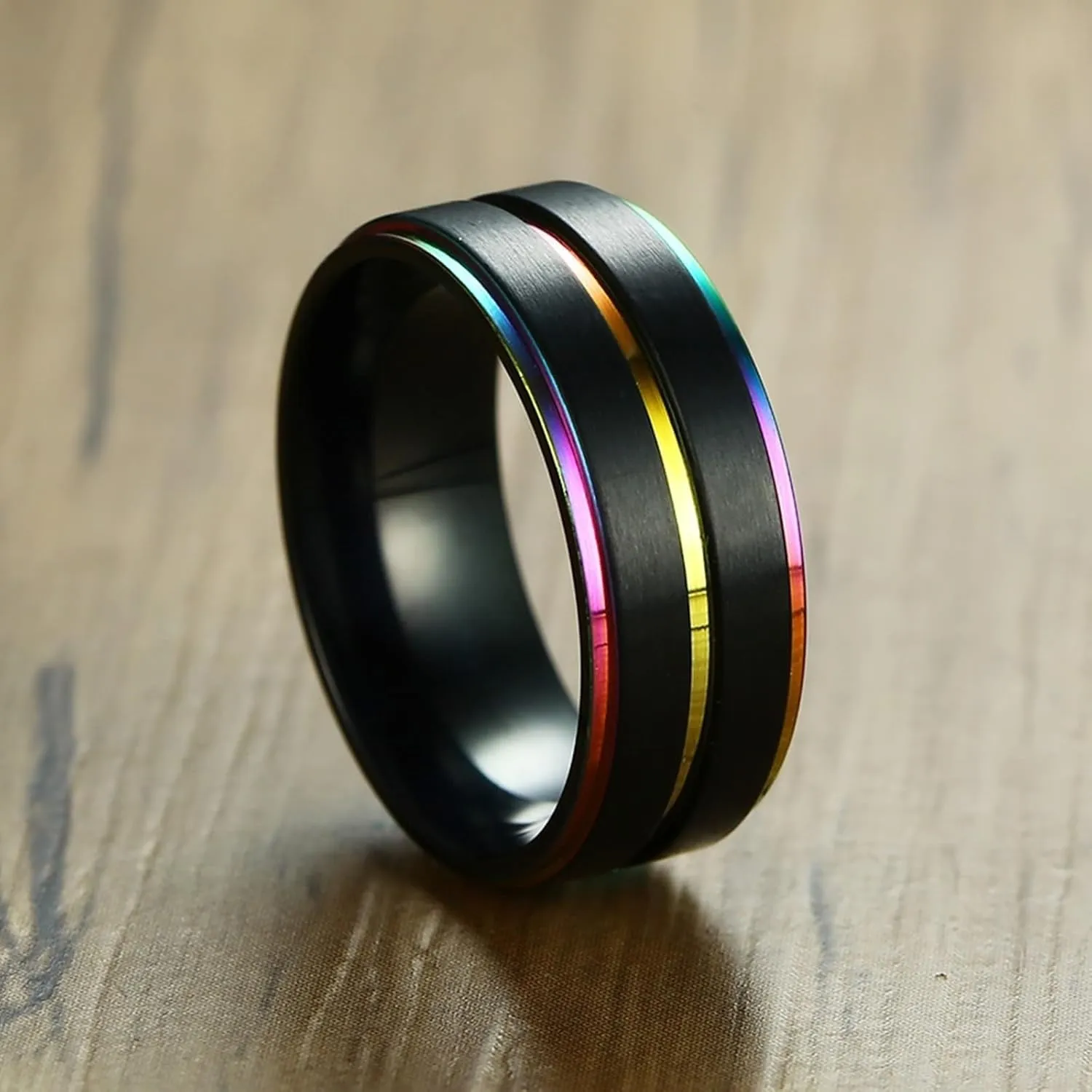 Men's Tungsten Wedding Bands with Wood Inlay, Men Titanium Wedding Band 2PCS Stainless Steel 8mm Black Lgbt Ring with Rainbow Edges for Couple