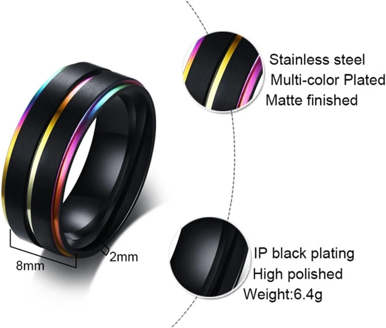 Men's Tungsten Wedding Bands with Wood Inlay, Men Titanium Wedding Band 2PCS Stainless Steel 8mm Black Lgbt Ring with Rainbow Edges for Couple