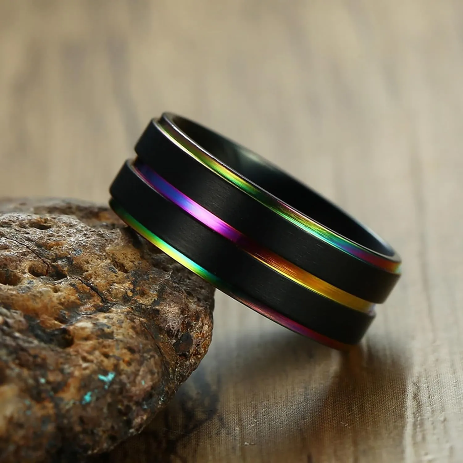 Men's Tungsten Wedding Bands with Wood Inlay, Men Titanium Wedding Band 2PCS Stainless Steel 8mm Black Lgbt Ring with Rainbow Edges for Couple