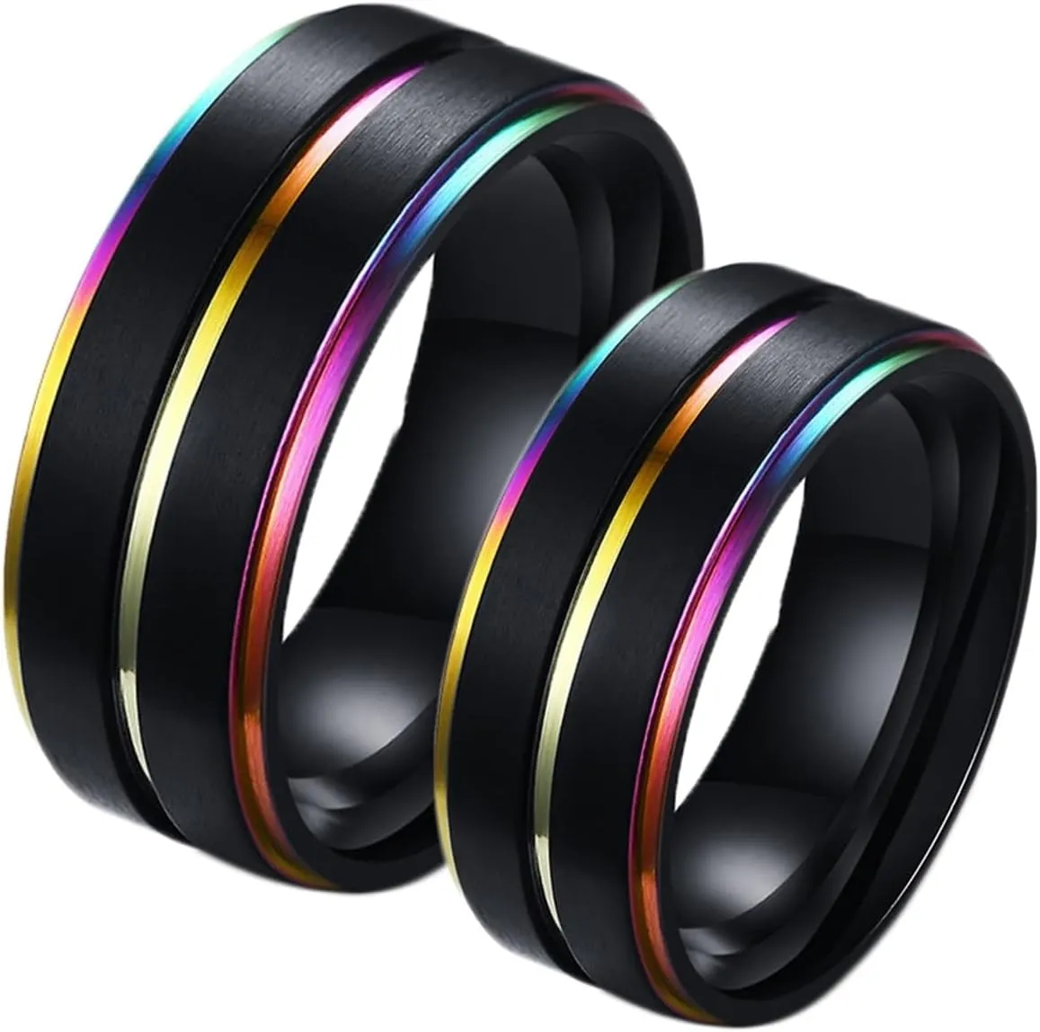 Men's Tungsten Wedding Bands with Wood Inlay, Men Titanium Wedding Band 2PCS Stainless Steel 8mm Black Lgbt Ring with Rainbow Edges for Couple