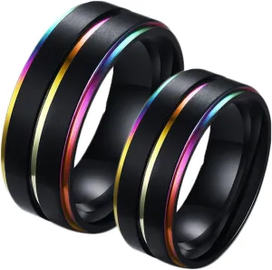 Men's Tungsten Wedding Bands with Wood Inlay, Men Titanium Wedding Band 2PCS Stainless Steel 8mm Black Lgbt Ring with Rainbow Edges for Couple