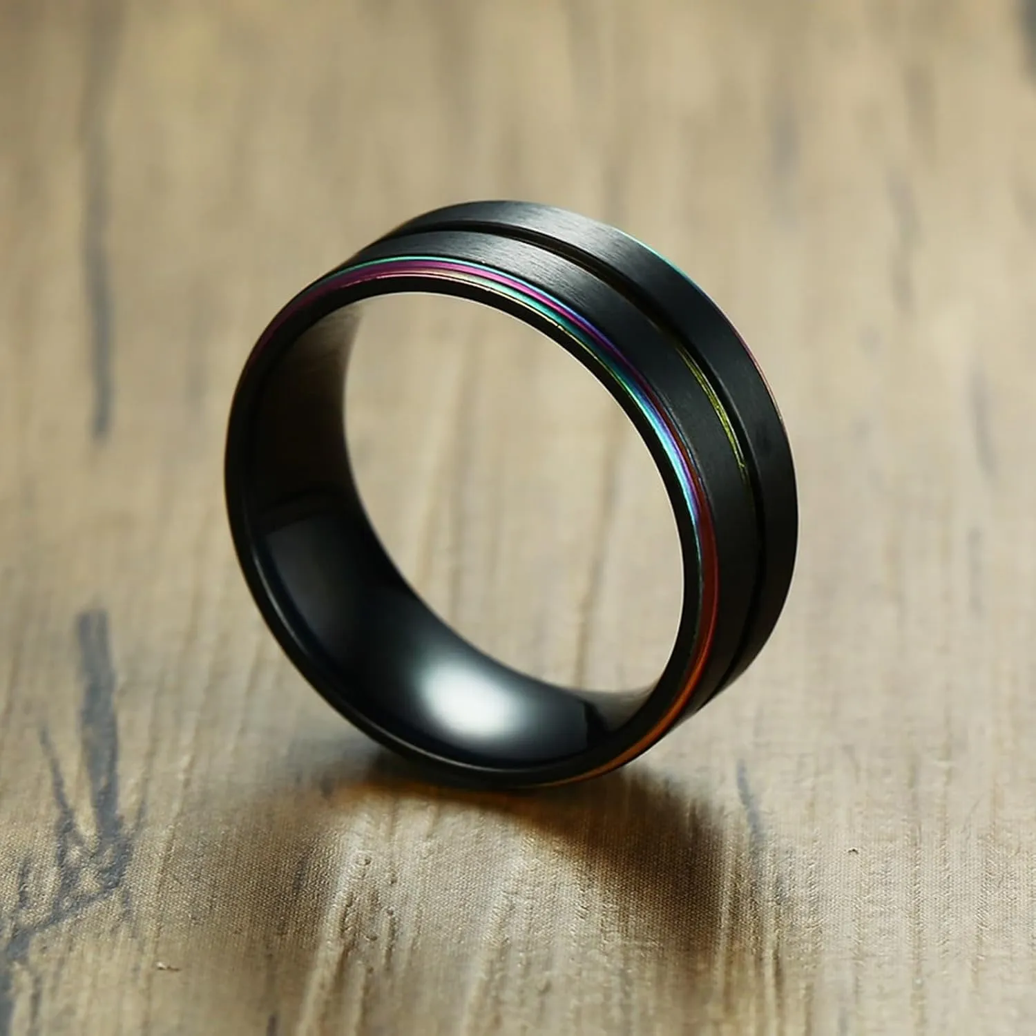 Men's Tungsten Wedding Bands with Wood Inlay, Men Titanium Wedding Band 2PCS Stainless Steel 8mm Black Lgbt Ring with Rainbow Edges for Couple
