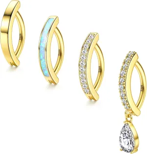 MILACOLATO 4-Piece Silver & Gold Hoop Belly Button Rings: Sterling Silver 14G CZ Opal Clickers, Hypoallergenic