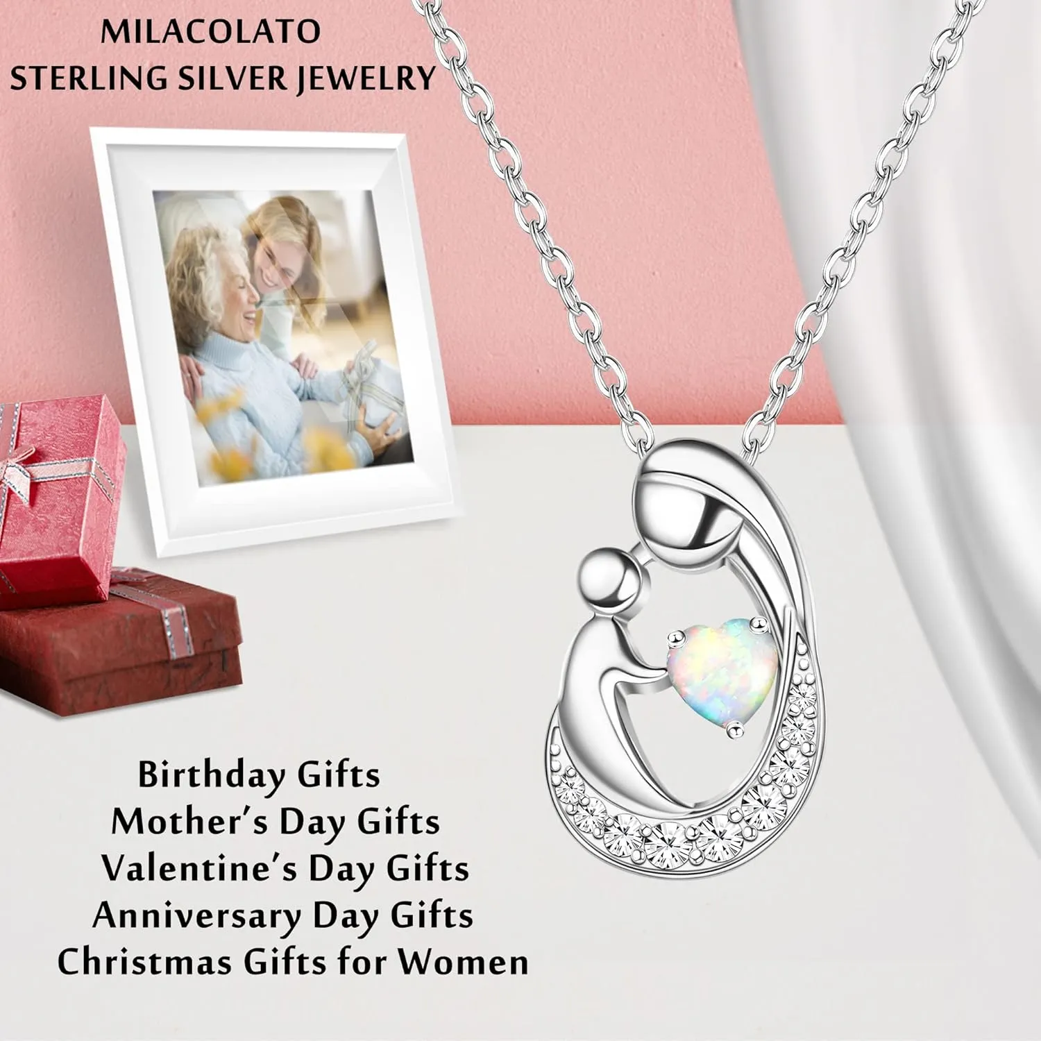 MILACOLATO Mother's Day Gifts S925 Sterling Silver Mother Daughter Necklaces 18K White Gold Filled Mom and Child Heart Birthstone Necklace Mom Pendant Necklaces for Mom New Mum Grandma Women Wife