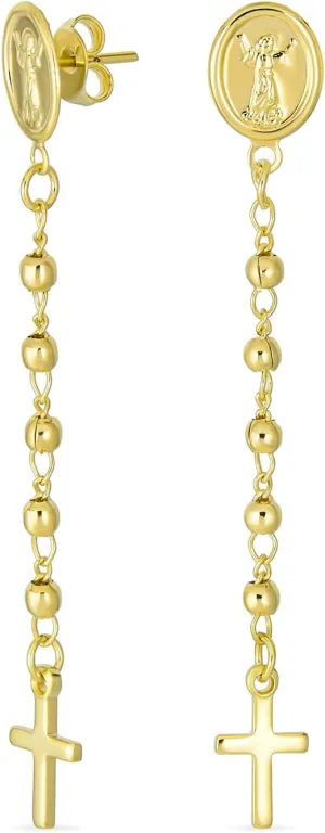 Minimalist Light Weight Linear Long Thin Ball Chain Religious Medallion Angel Dangle Cross Earrings For Women Teen 18K Gold Plated Brass