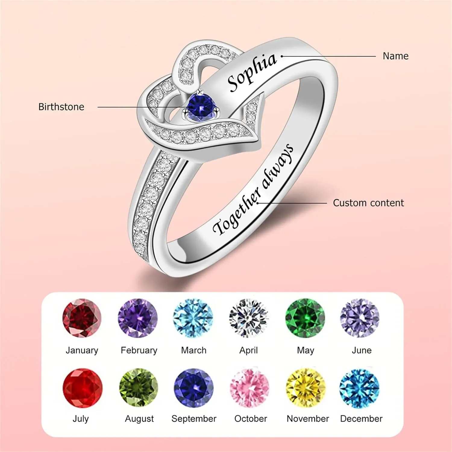 MissNaNa Personalized Birthstone Rings for Women Heart Rings Promise Rings for Her Couple Rings Personalized Gifts for Women Wife Lover Mothers Grandma Mom Daughter