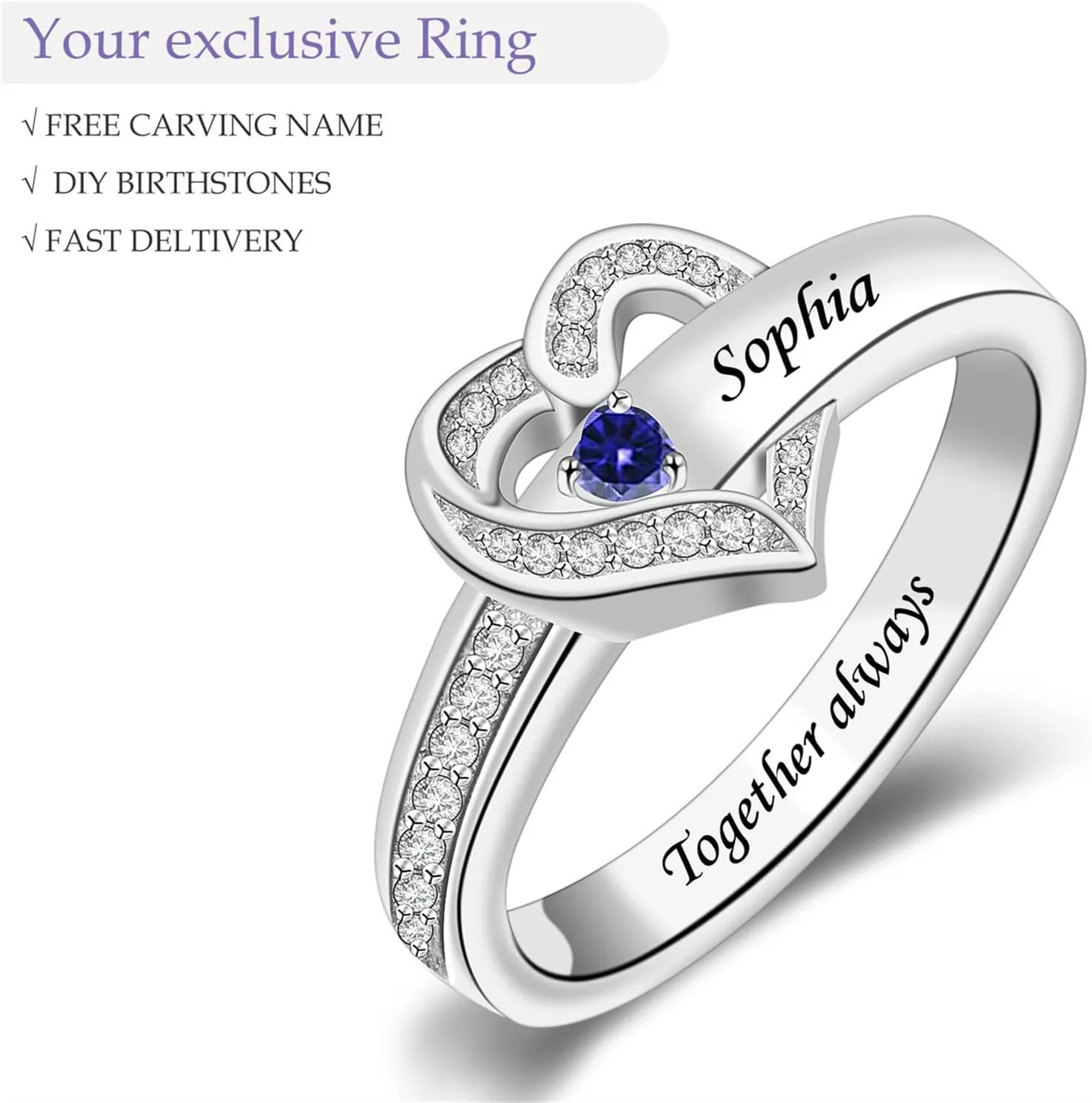 MissNaNa Personalized Birthstone Rings for Women Heart Rings Promise Rings for Her Couple Rings Personalized Gifts for Women Wife Lover Mothers Grandma Mom Daughter