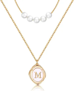MJartoria 14K Gold Plated Layered Initial Necklaces for Women Trendy, Simple Rhombic A-Z Letter M Necklace, Dainty Chain Necklace, Pearl Choker Necklace Gold Layered Necklaces Jewelry for Women