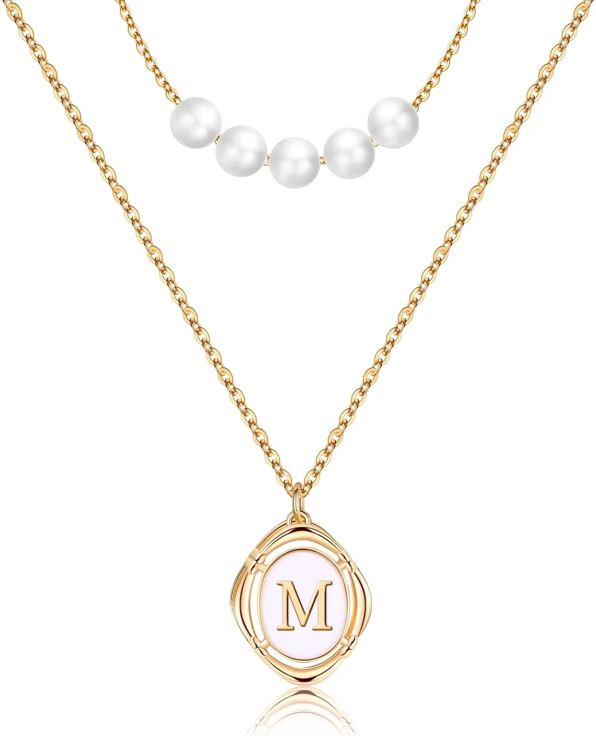 MJartoria 14K Gold Plated Layered Initial Necklaces for Women Trendy, Simple Rhombic A-Z Letter M Necklace, Dainty Chain Necklace, Pearl Choker Necklace Gold Layered Necklaces Jewelry for Women