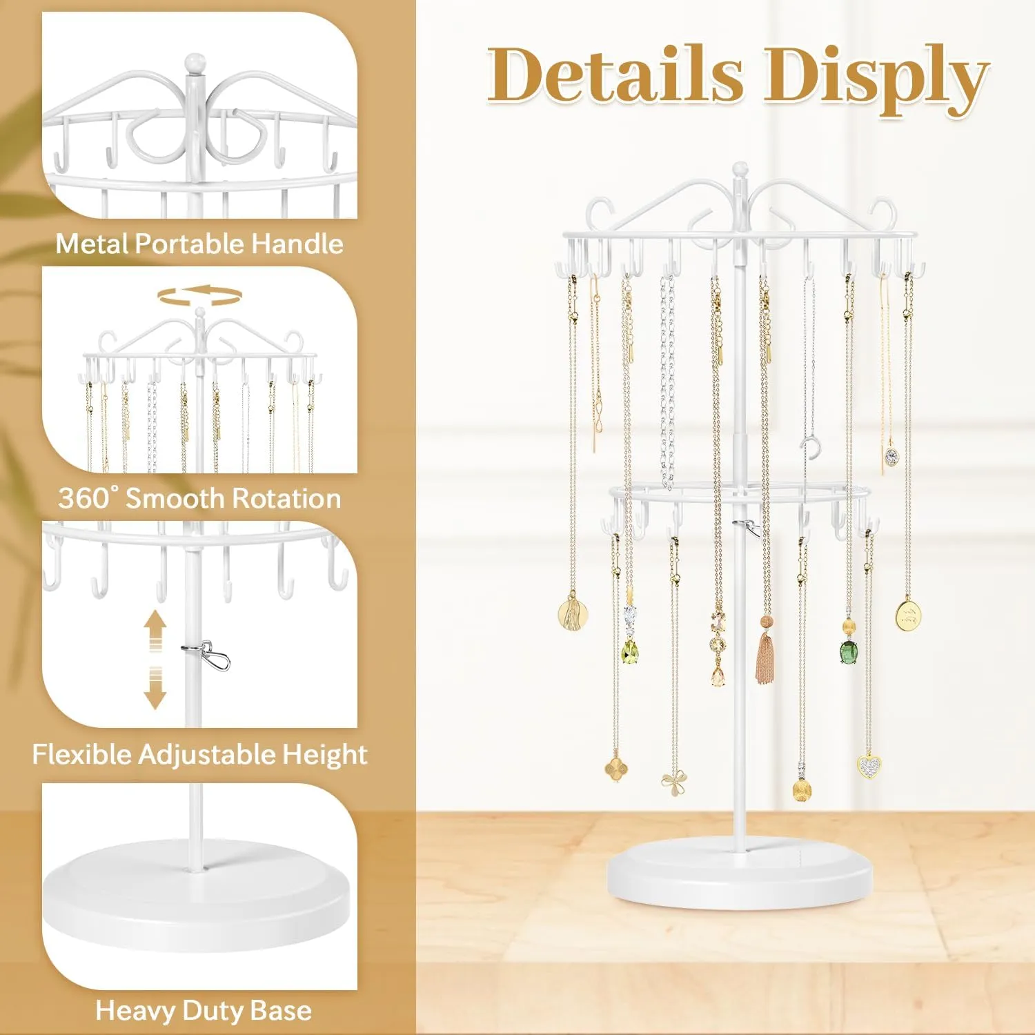 MODOWEY Rotating Necklace Holder Organizer Display Stand with 42 Hooks, 2-Tier Adjustable Metal Tree for Long & Short Necklace Hanger Selling, Tall Spinning Bracelet Storage Rack for Men Women, White