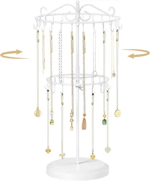 MODOWEY Rotating Necklace Holder Organizer Display Stand with 42 Hooks, 2-Tier Adjustable Metal Tree for Long & Short Necklace Hanger Selling, Tall Spinning Bracelet Storage Rack for Men Women, White