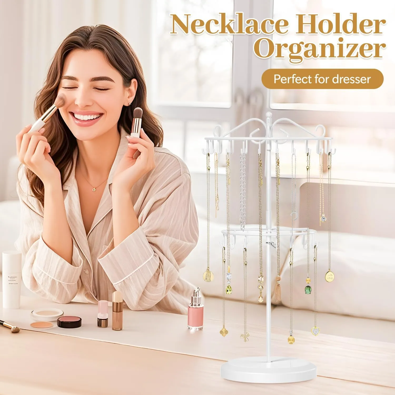 MODOWEY Rotating Necklace Holder Organizer Display Stand with 42 Hooks, 2-Tier Adjustable Metal Tree for Long & Short Necklace Hanger Selling, Tall Spinning Bracelet Storage Rack for Men Women, White