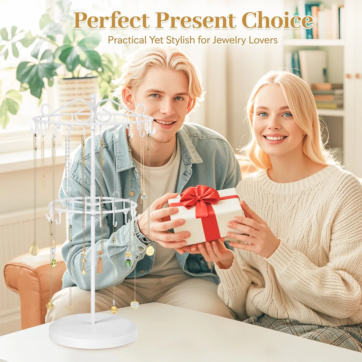 MODOWEY Rotating Necklace Holder Organizer Display Stand with 42 Hooks, 2-Tier Adjustable Metal Tree for Long & Short Necklace Hanger Selling, Tall Spinning Bracelet Storage Rack for Men Women, White