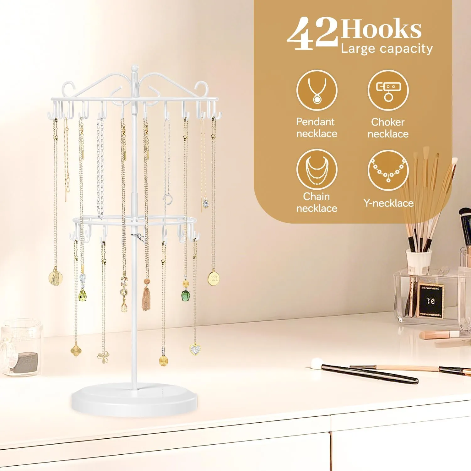 MODOWEY Rotating Necklace Holder Organizer Display Stand with 42 Hooks, 2-Tier Adjustable Metal Tree for Long & Short Necklace Hanger Selling, Tall Spinning Bracelet Storage Rack for Men Women, White