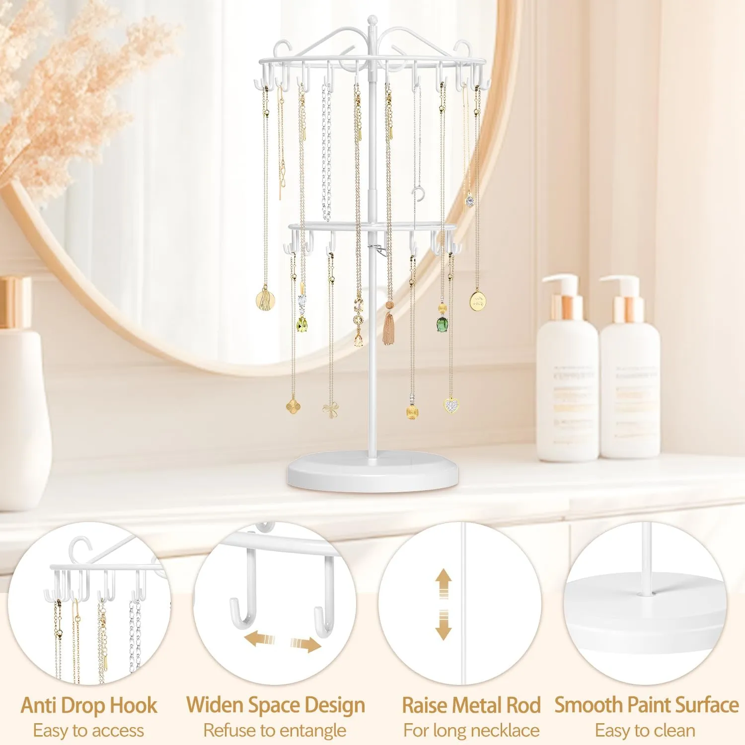 MODOWEY Rotating Necklace Holder Organizer Display Stand with 42 Hooks, 2-Tier Adjustable Metal Tree for Long & Short Necklace Hanger Selling, Tall Spinning Bracelet Storage Rack for Men Women, White