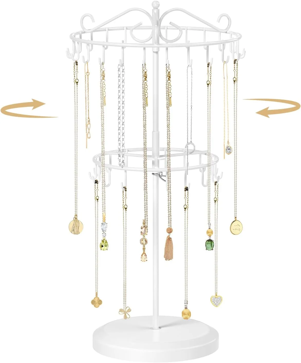 MODOWEY Rotating Necklace Holder Organizer Display Stand with 42 Hooks, 2-Tier Adjustable Metal Tree for Long & Short Necklace Hanger Selling, Tall Spinning Bracelet Storage Rack for Men Women, White