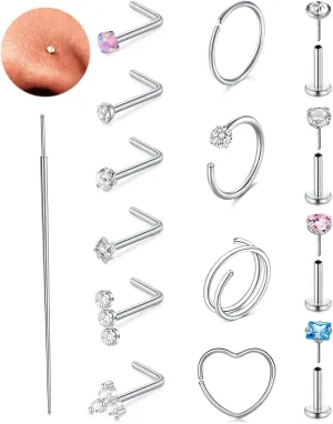 MODRSA Silver & Gold Threadless Nose Studs 20g & 18g Flat Back, Cartilage & Conch Earring Studs for Women 6mm & 8mm