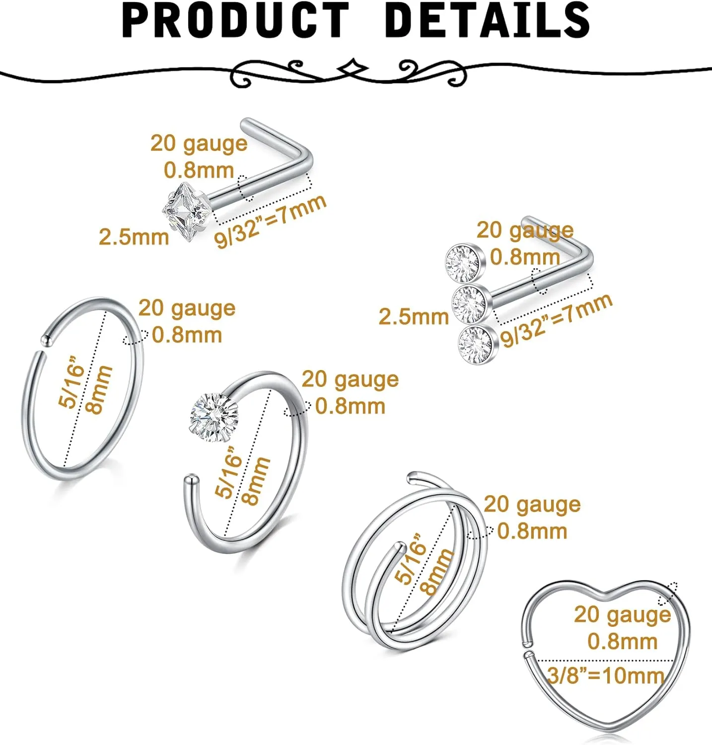 MODRSA Silver & Gold Threadless Nose Studs 20g & 18g Flat Back, Cartilage & Conch Earring Studs for Women 6mm & 8mm