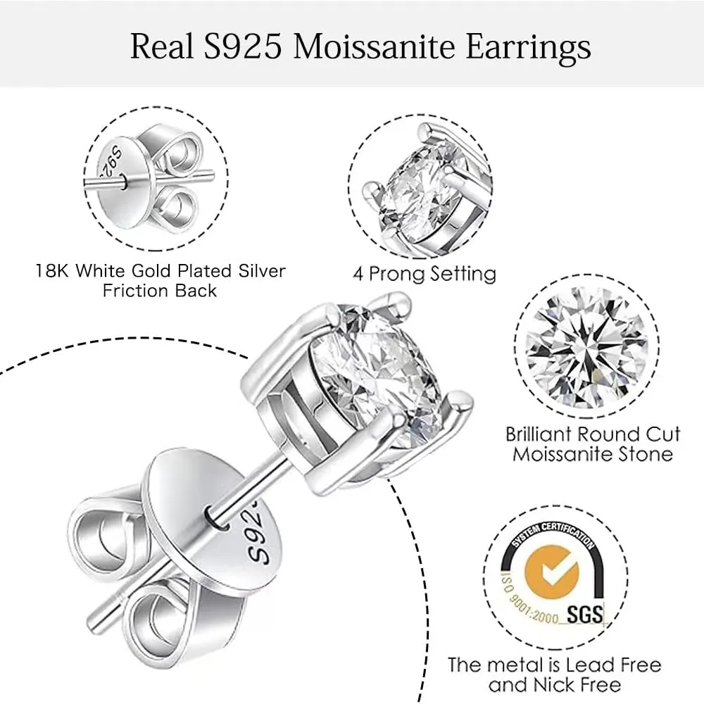 Moissanite Earrings for Women Men 18K White Gold Plated 925 Sterling Silver Earrings Men VVS Gemstones Hypoallergenic for Wedding Party Gift Jewelry 0.5ct/1.0ct