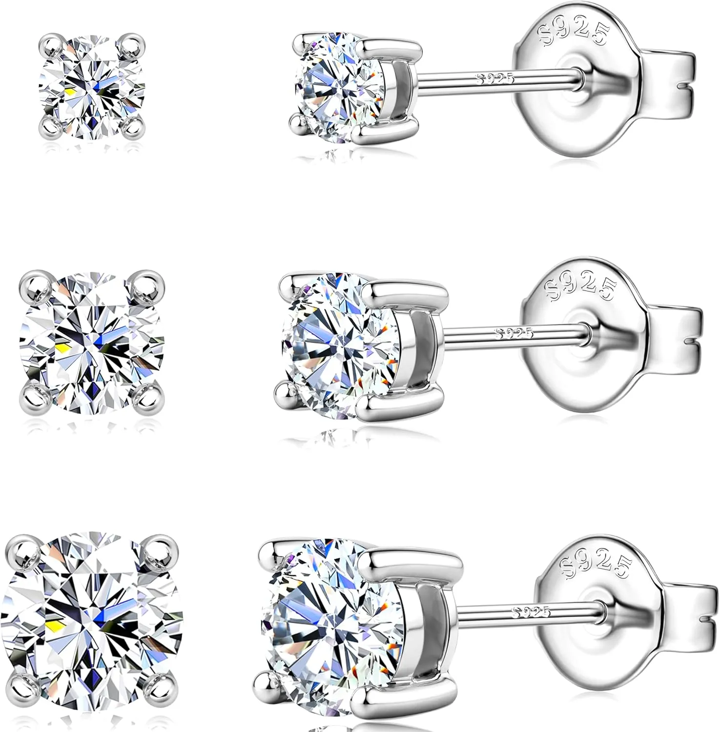 Moissanite Stud Earrings 3 Pairs 14K White Gold Plated Sterling Silver Men's Flat Back Stud Earring Cartilage Helix Piercing D Color Moissanite Earrings Birthday Gifts for Men Women 1.8ct-3.2ct