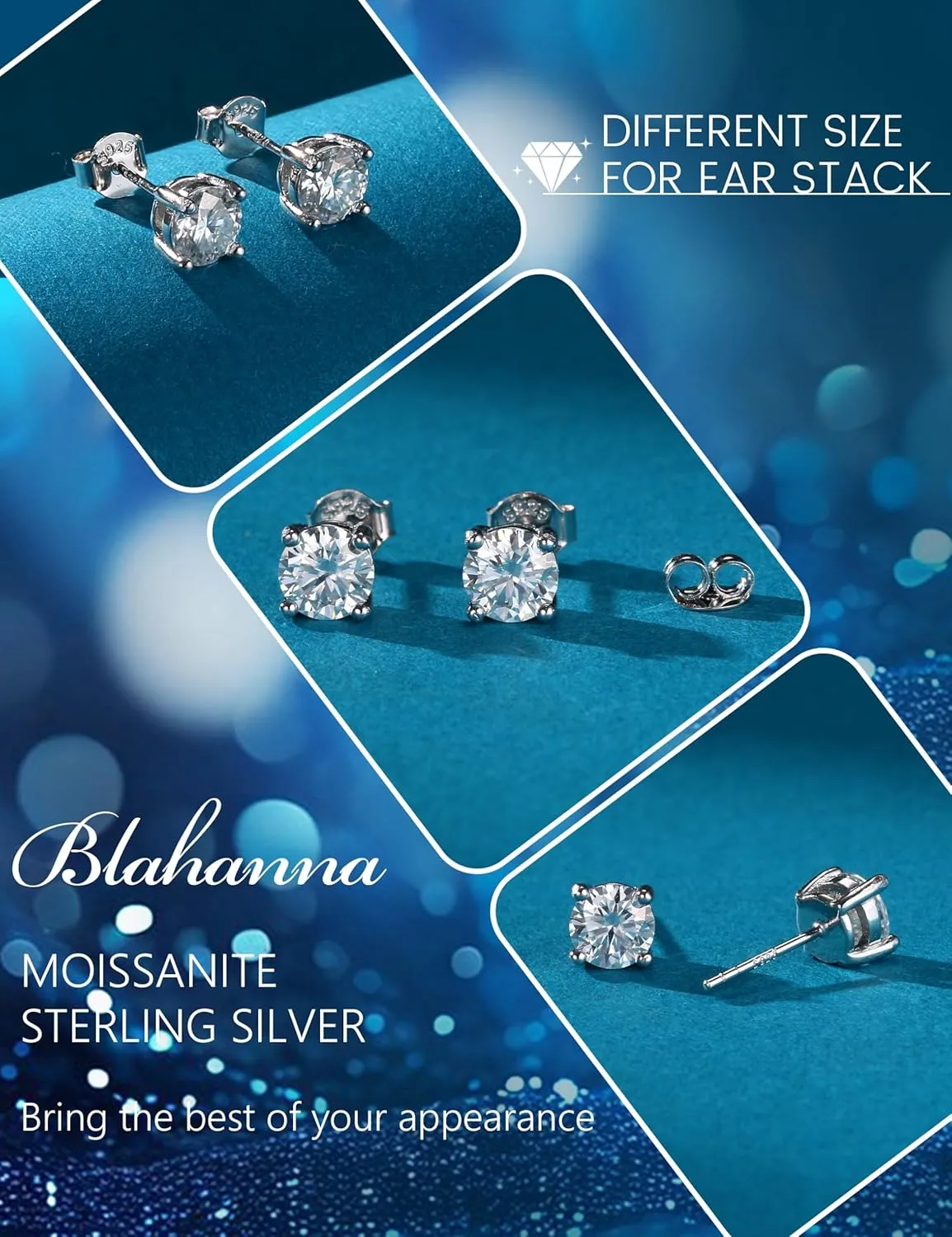 Moissanite Stud Earrings 3 Pairs 14K White Gold Plated Sterling Silver Men's Flat Back Stud Earring Cartilage Helix Piercing D Color Moissanite Earrings Birthday Gifts for Men Women 1.8ct-3.2ct