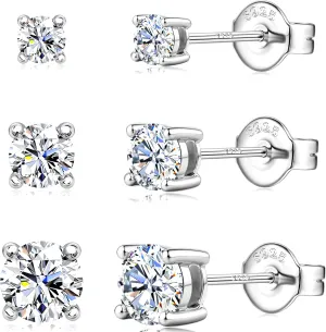 Moissanite Stud Earrings 3 Pairs 14K White Gold Plated Sterling Silver Men's Flat Back Stud Earring Cartilage Helix Piercing D Color Moissanite Earrings Birthday Gifts for Men Women 1.8ct-3.2ct