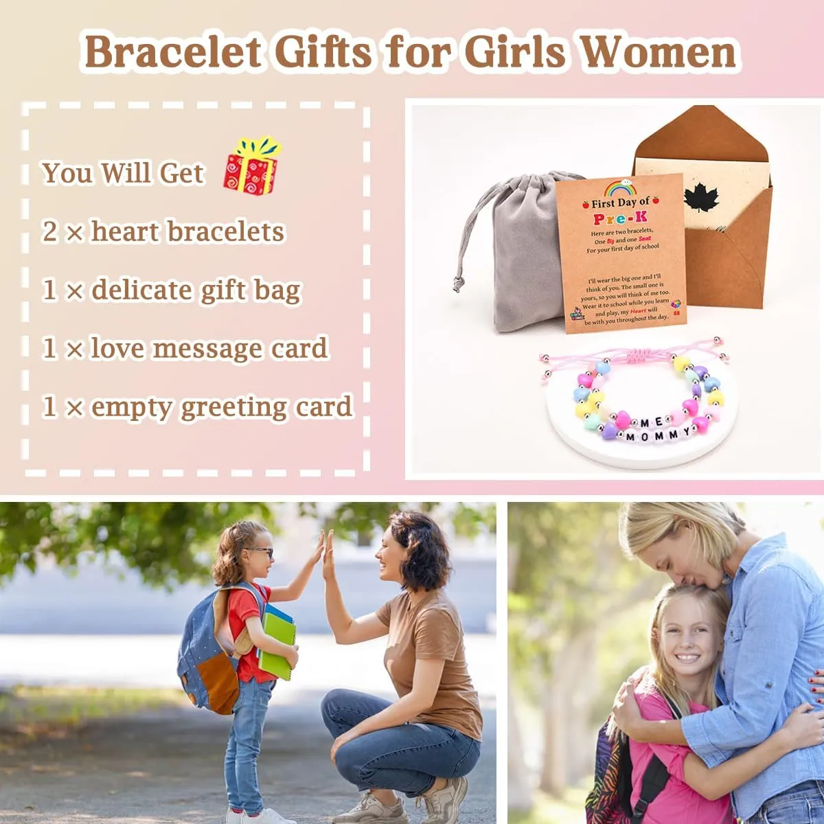 Mommy and Me Matching Bracelets Set, First Day of School Kindergarten Preschool First Grade Gifts, Back to School Gifts for Daughter Girls