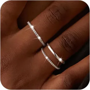 Moodear 3PCS Thin Stackable Ring Set - Dainty 14K Gold Plated Thumb CZ Rings for Women Non Tarnish Size 5-12