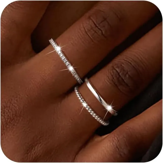 Moodear 3PCS Thin Stackable Ring Set - Dainty 14K Gold Plated Thumb CZ Rings for Women Non Tarnish Size 5-12