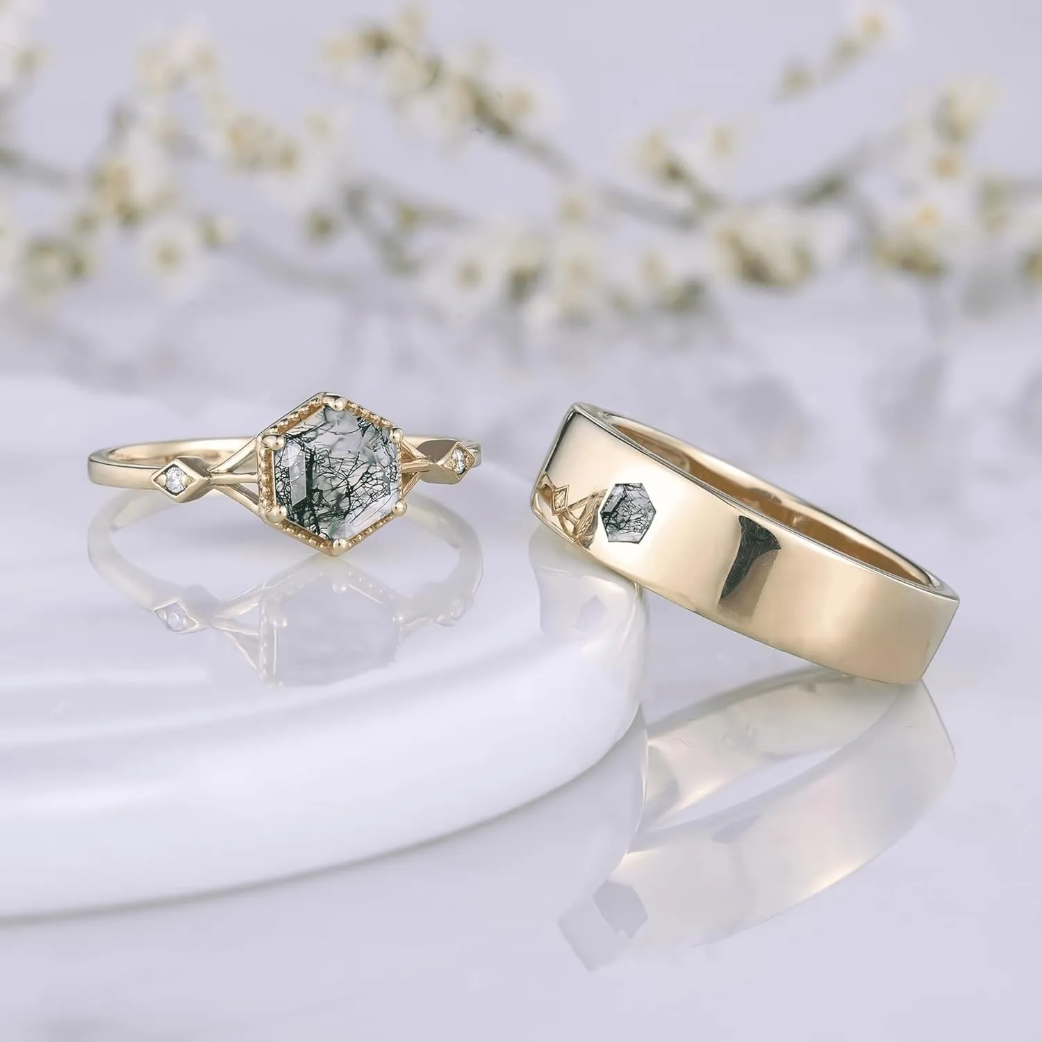Moss Agate Couple Rings Set 2pcs Hexagon Cut Moss Agate Engagement Ring for Women Wedding Rings for Couples S925 10k 14k 18k Gold Wedding Rings Set for him and her Mens Wedding Band Anniversary
