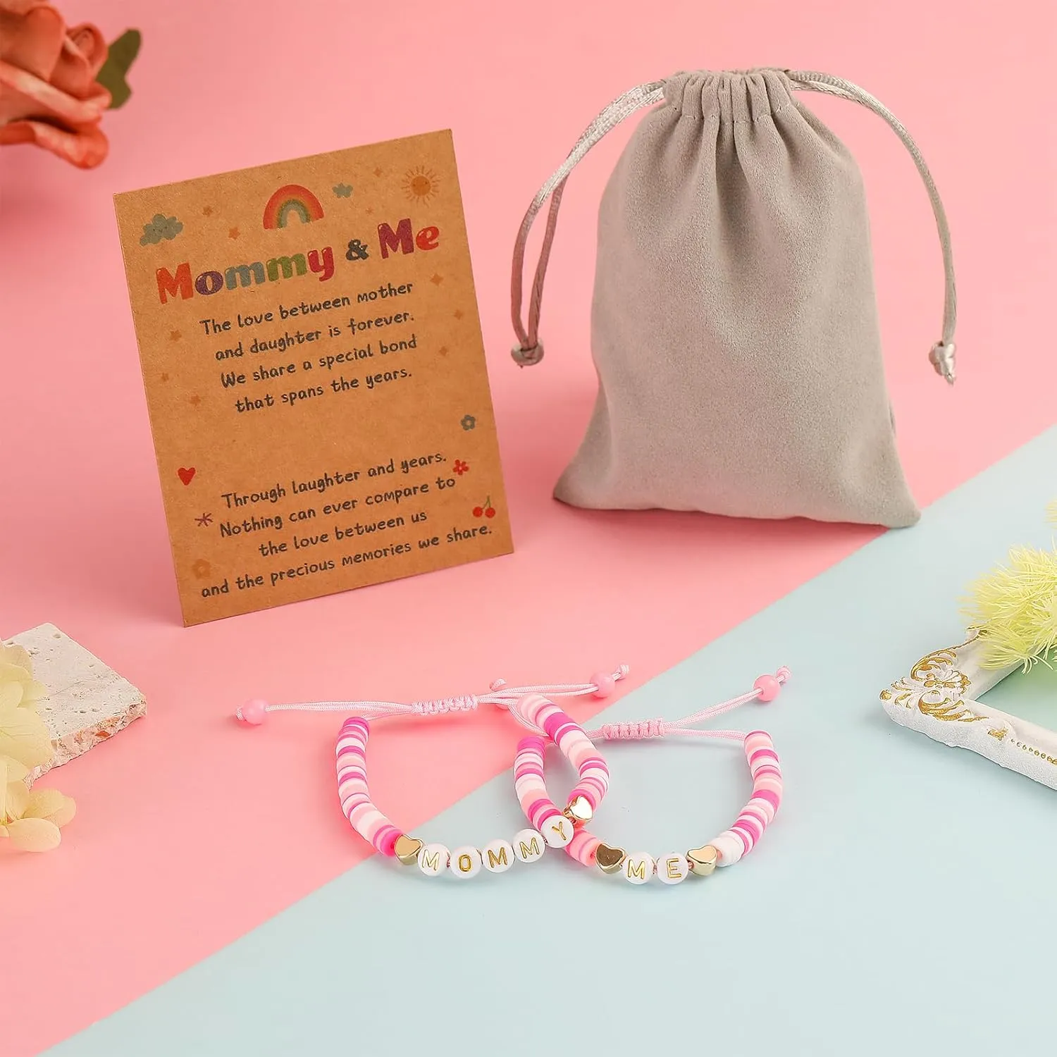 Mothers Day Gifts for Mom Daughter, 2ps Matching Beaded Heart Bracelets Jewelry for Mother Daughter/Mommy and Me/Mama Mini