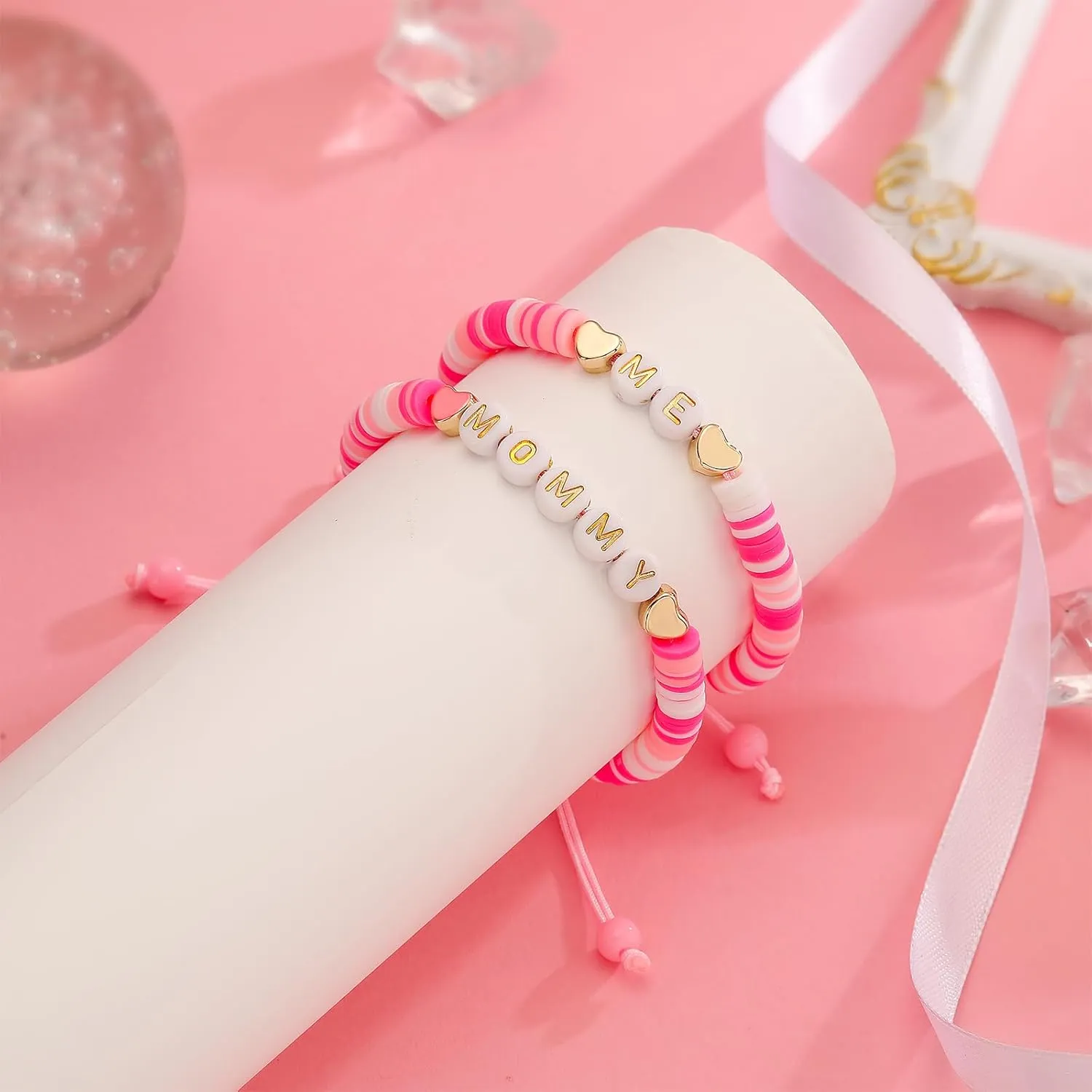 Mothers Day Gifts for Mom Daughter, 2ps Matching Beaded Heart Bracelets Jewelry for Mother Daughter/Mommy and Me/Mama Mini