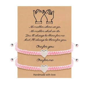 Mother's Day Gifts Mother Daughter Bracelets, 2Pcs Heart Charm Long Disdance Pink String Bracelet for Women Men, Adjustable Rope Braided Jewelry for Friendship Couples Family