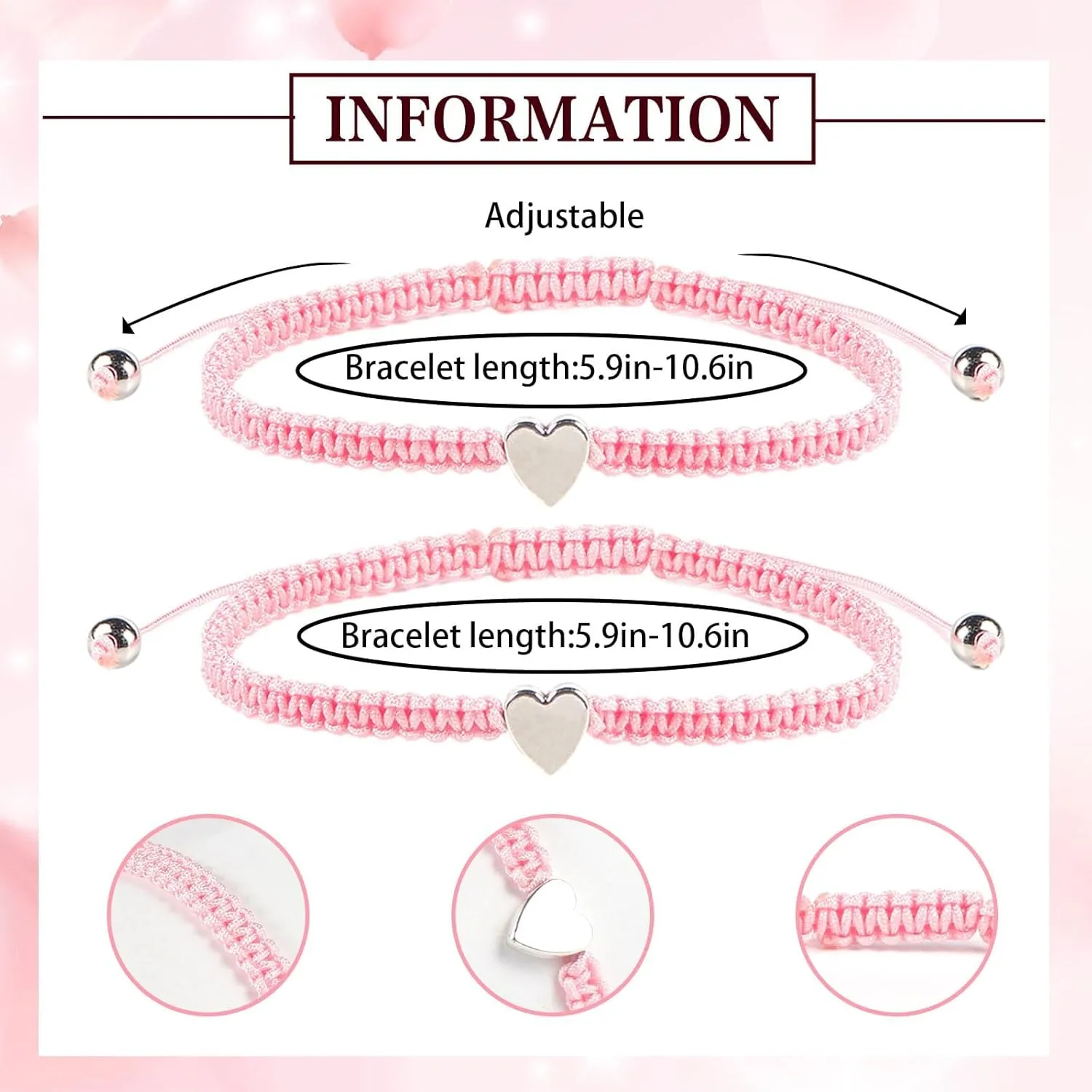 Mother's Day Gifts Mother Daughter Bracelets, 2Pcs Heart Charm Long Disdance Pink String Bracelet for Women Men, Adjustable Rope Braided Jewelry for Friendship Couples Family