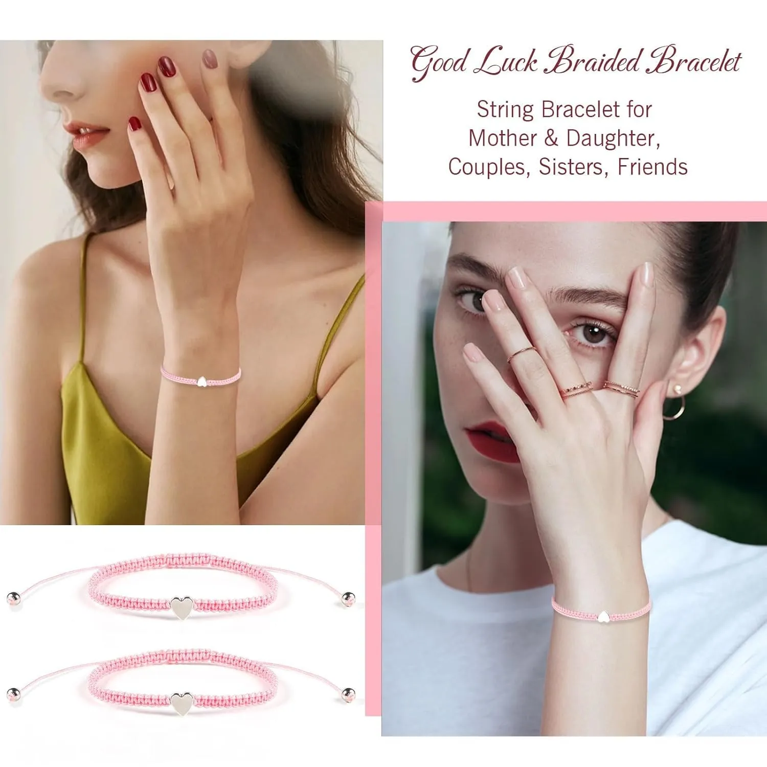 Mother's Day Gifts Mother Daughter Bracelets, 2Pcs Heart Charm Long Disdance Pink String Bracelet for Women Men, Adjustable Rope Braided Jewelry for Friendship Couples Family