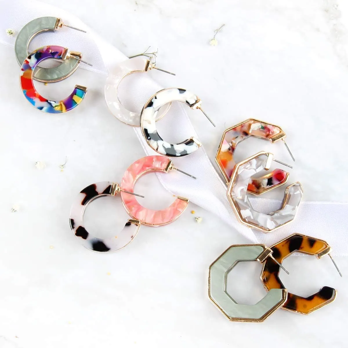 Multi Color Acetate Hoop Earrings - Mottled Resin Geometric Statement Hoops Leopard Oval, Animal Tortoise Marbled Disc